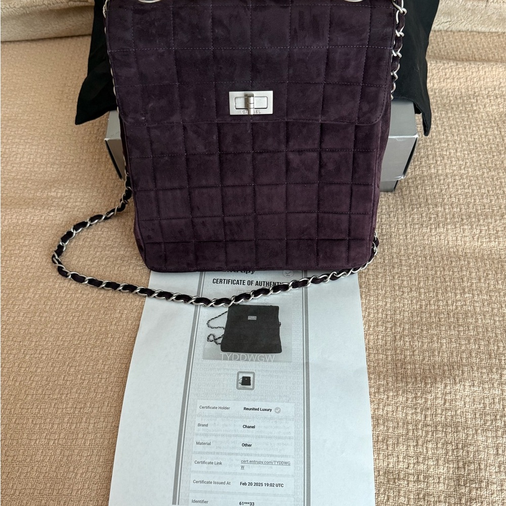 Chanel Purple suede chocolate bar messenger style crossbody bag 9”x10”x4”COA